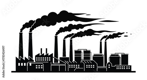 Industrial factory building with multiple tall smokestacks emitting thick, dark black smoke, symbolizing severe air pollution and environmental impact on a white background.