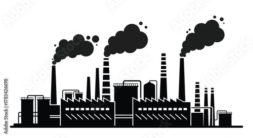 Industrial factory silhouette with multiple smoking chimneys emitting thick dark smoke, symbolizing pollution, manufacturing, and environmental impact.