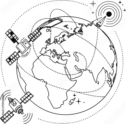 A black and white line drawing of earth with satellites and a rocket in orbit around the planet