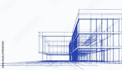 Architectural blueprint-style drawing of a modern building with angular lines and layered perspective