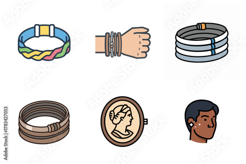 Diverse Jewelry and Fashion Accessories Icon Set: Bracelets, Bangles, Cameo, Earring