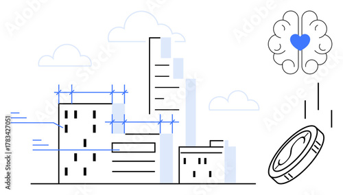 Skyscrapers under development, brain with heart symbol, and a falling coin. Ideal for innovation, urban planning, finance, creativity, emotional intelligence investment sustainability. Simple flat