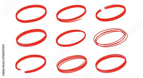 Collection of nine red hand drawn oval shapes and circles with different stroke styles on a white background