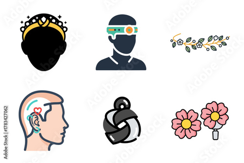 Diverse Head Adornment, Technology & Nature Icons: Crown, VR Headset, Floral Wreath, Piercings, Hair Bun, Flowers