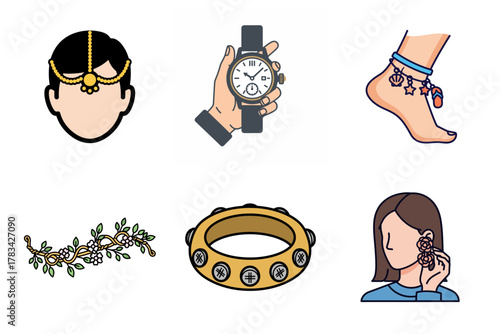 Fashion Accessories and Jewelry Icon Set: Headpiece, Watch, Anklet, Floral Garland, Bangle, and Earrings Vector Art
