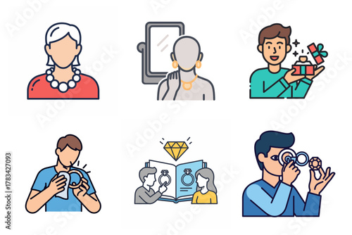 Jewelry icons set depicting selection, gifting, cleaning, appraisal, and luxury accessories