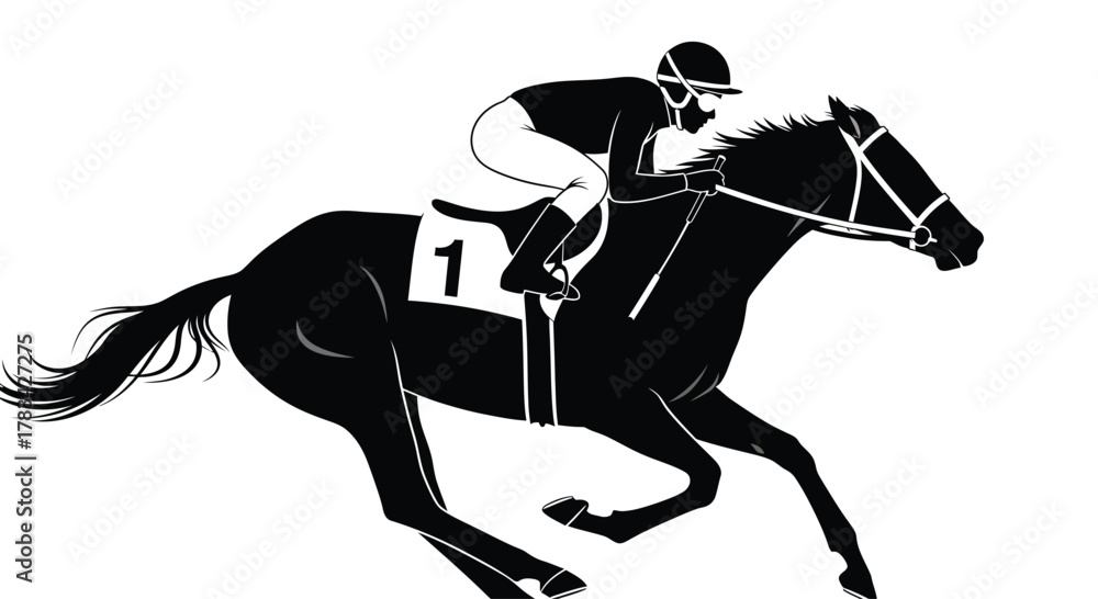 Fototapeta premium Galloping racehorse with jockey number 1 in full stride, powerful motion, speed, competition, and equestrian sport action in a clean, graphic illustration vector.