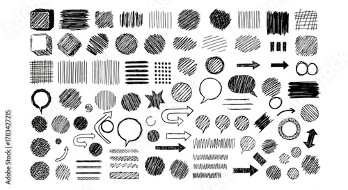 Collection of hand drawn sketch elements including circles squares lines arrows speech bubbles and abstract shapes on white background