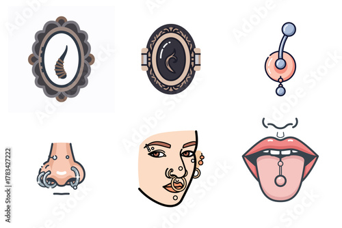 Diverse Body Piercings and Jewelry Vector Illustration Set: Nose, Tongue, Navel, Face Piercings & Traditional Accessories