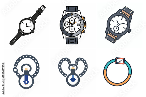 Timepiece Icons Collection: Wristwatch, Chronograph, Pendulum, and Progress Timer Vector Set