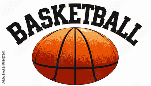 Basketball design with orange ball, dark lines, "BASKETBALL" text arching above. Sport-themed art