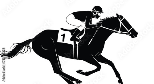 Galloping racehorse with jockey number 1 in full stride, powerful motion, speed, competition, and equestrian sport action in a clean, graphic illustration vector.