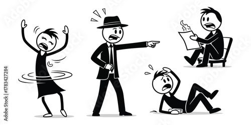 Cartoon stickman illustrations depicting a range of negative emotions and stressful situations, from feeling overwhelmed to experiencing job termination by an angry boss