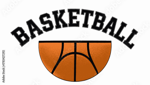 An orange and black basketball illustration with "BASKETBALL" text above in a curved design
