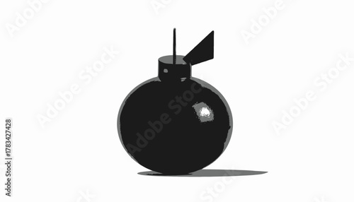A black cartoon bomb with a fuse, fins, and a shadow, isolated on a white background