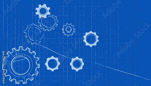Blueprint style illustration featuring interlocking gears, line graphs and a grid. A technical aesthetic