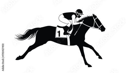 Horse racing event with a jockey riding a powerful racehorse at full gallop, showcasing speed, competition, and equestrian sport dynamics.