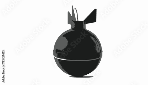 Digitally created illustration of a dark gray bomb shape with fins, set against a stark white backdrop