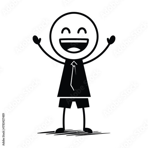A simple black and white doodle of a happy stick figure businessman with arms raised in the air, a cartoon character illustration expressing joy, excitement, and success