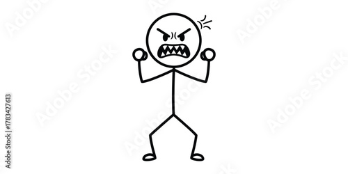 A Cartoon Stick Figure Person Expressing Extreme Anger and Frustration with Fists Raised and a Scowling Face, Depicting a Strong Emotional Outburst
