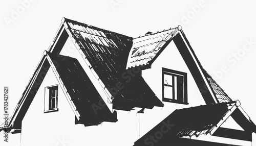 Black and white illustration of a house. Shows roof, windows, and exterior in a minimalist style