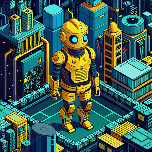 Yellow robot stands in a futuristic cityscape with neon lights