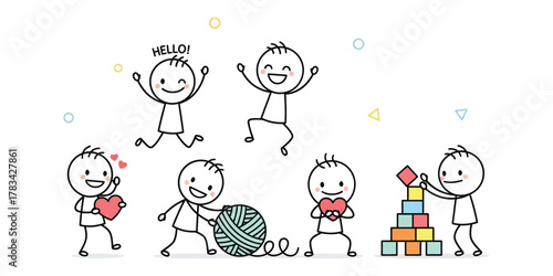 A vibrant and playful illustration of stick figures engaging in various joyful activities, symbolizing happiness and community