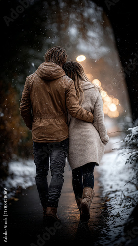 Romantic Couple Walking Together On Snowy Path On A Winter Night