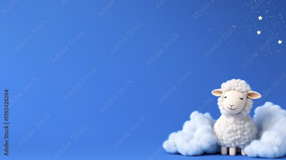 Obraz premium Cute sheep made of fluffy material sits among soft clouds, gazing at twinkling stars against blue background