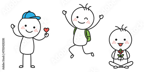 Cute stick figures expressing joy and love with simple drawings and cheerful poses