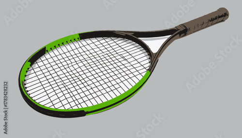 A cartoon-style illustration of a tennis racket, featuring green, black, and brown colors
