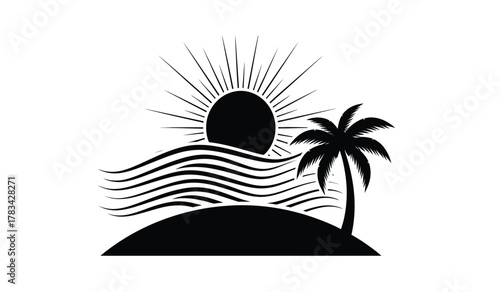 Tropical island sunset with palm tree and ocean waves vector silhouette graphic illustration on a clean white background, summer vacation travel design element