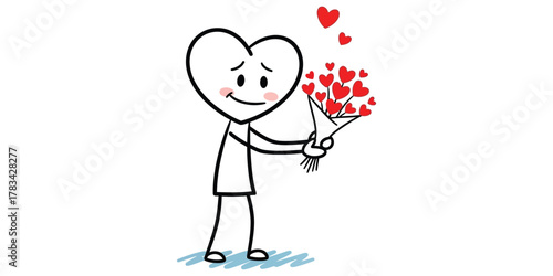 Charming hand-drawn stick figure with a heart-shaped head gives a beautiful bouquet of red hearts as a symbol of love and affection