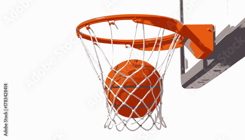 Graphic rendering of an orange basketball ball swishing through a net and hoop on a white background