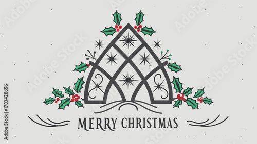 Elegant merry christmas greeting card design with festive holly berries and starbursts on a textured background