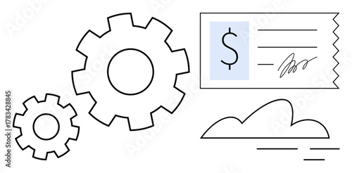 Interlocking gears alongside a signed invoice and cloud element. Ideal for finance, automation, cloud solutions, business operations, digital transformation, efficiency, and workflow optimization