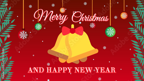 A Merry Christmas Greeting Template in Red Color Background with Christmas Bell, Snowfall and Christmas Ball decorations.	Vector Editable for Greeting Card.