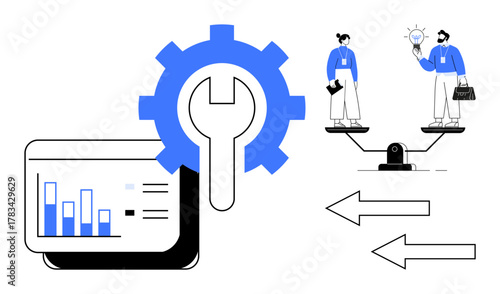 Gear with wrench on analytic dashboard, two professionals on balance beam, arrows depicting alignment. Ideal for teamwork, strategy, innovation, equality, tools, decision-making flat style metaphor