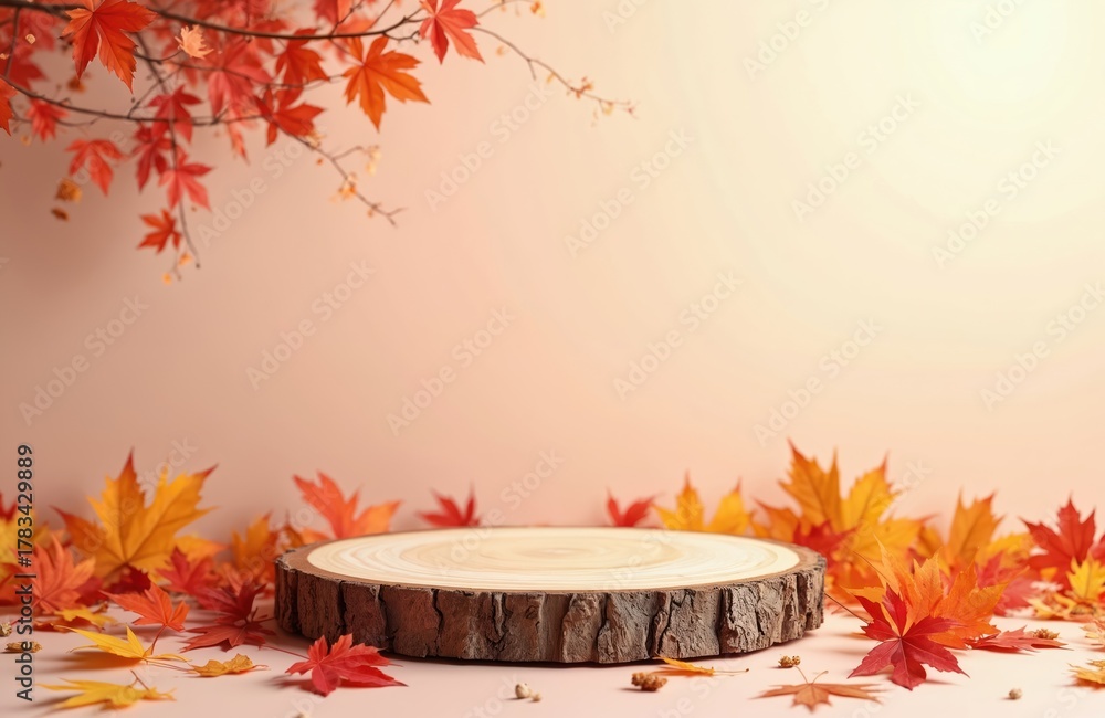Fototapeta premium Wood slice podium decorated with fall maple leaves. Natural organic base for product presentation or display. Autumnal seasonal arrangement with vibrant foliage creates seasonal marketing backdrop.
