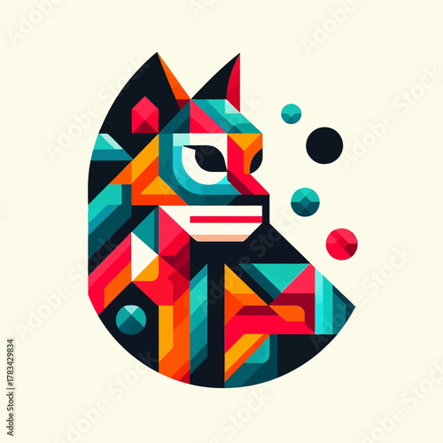 Stylized curled fox in swirling colorful geometric patterns with abstract dots on light background - EPS10 illustration
