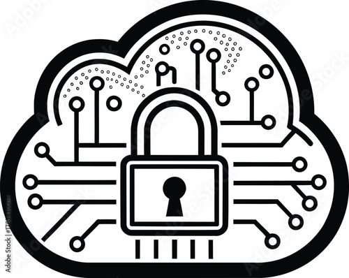 A black and white graphic of a cloud with a padlock and circuit board design overlaying the cloud shape