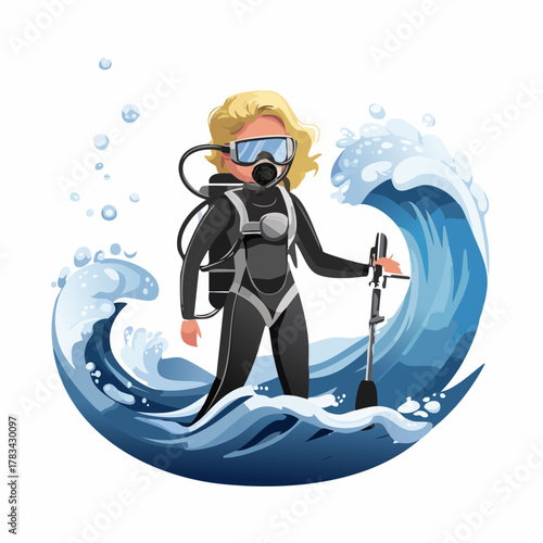 Scuba diver in ocean waves illustration vector design for exploration