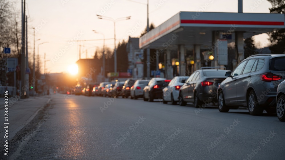 Naklejka premium Serpentine car queue at dawn's quiet gas station, evoking Road Trip Day and symbolizing the serenity of Waiting Day