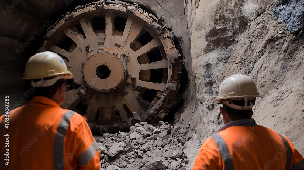 Fototapeta premium Two construction workers in safety gear observe a massive tunnel boring machine excavating through rock. The machine's circular cutter head dominates the scene, surrounded by debris.