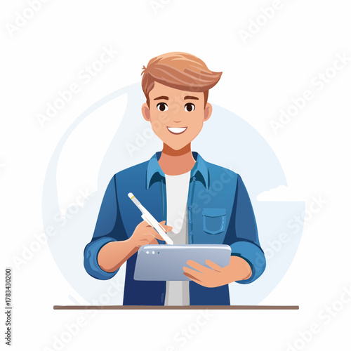 Smiling man using digital tablet with stylus for creative design isolated