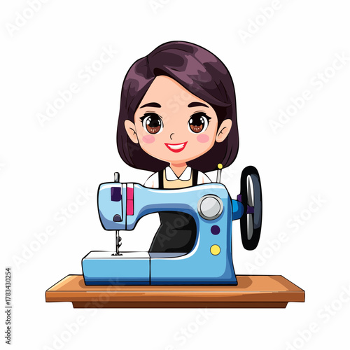 Smiling woman with sewing machine cartoon illustration on white background