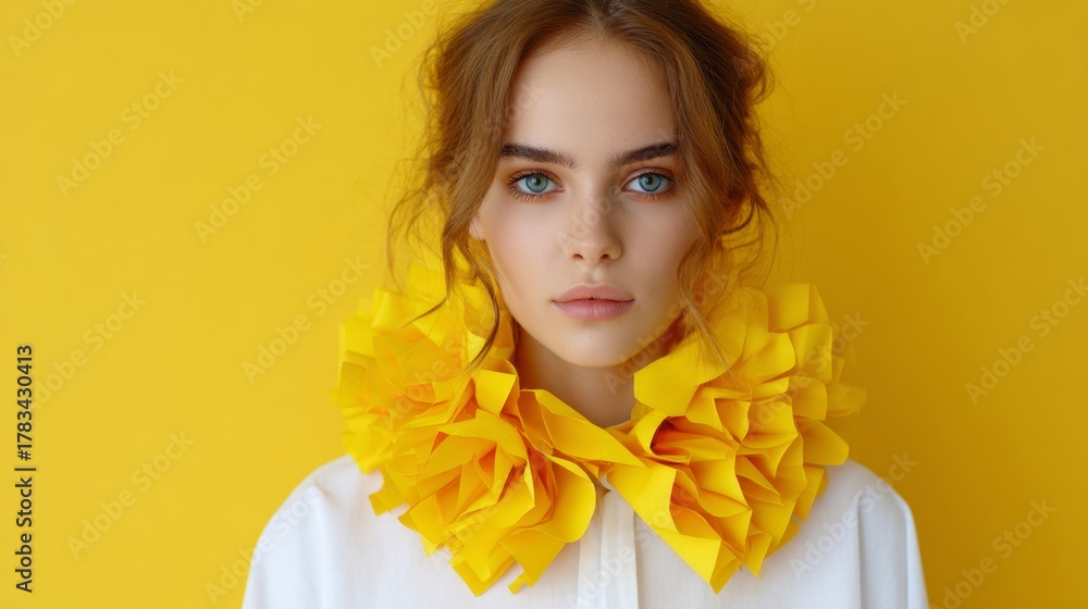 Fototapeta premium Young girl in oversized jabot collar and yellow tights, exuding indifference at a dinner party, set against a vibrant yellow backdrop, showcasing contemporary art and unique fashion.