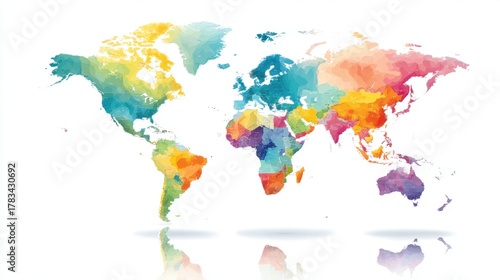 Colorful World Map Illustration with Vibrant Watercolor Style for Educational and Geographical Content
