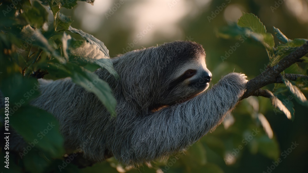 Naklejka premium A languid sloth, arboreal acrobat of tranquility, dangles amid lush foliage, echoing World Sloth Day's unhurried zen spirit
