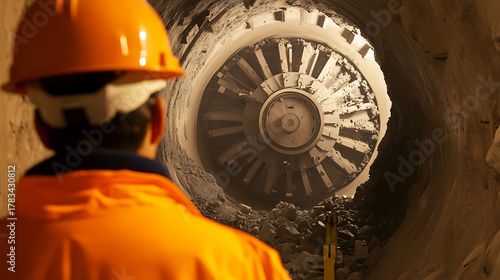 A construction worker oversees a tunnel boring machine as it carves through rock, showcasing engineering and infrastructure development in underground construction.